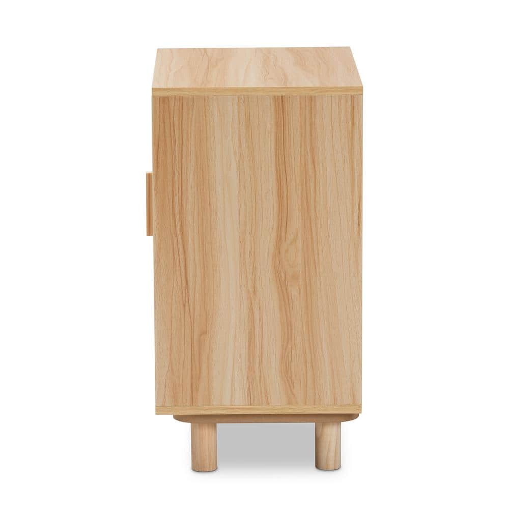 Mid-Century Modern Natural Brown Pine & MDF End Table with Rattan Door