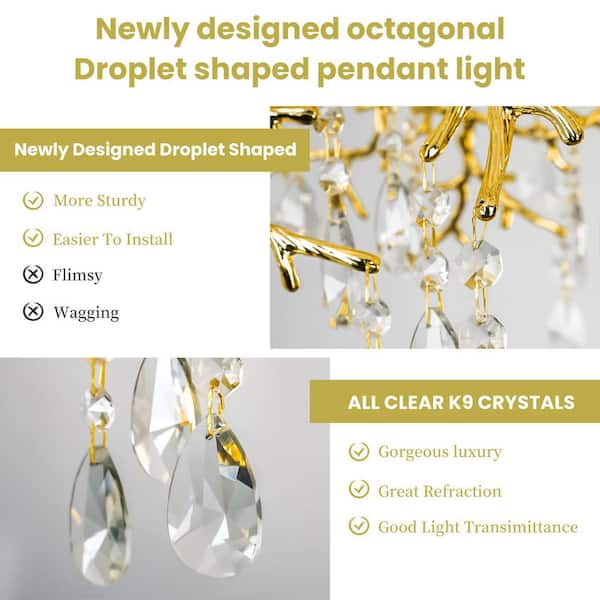 Ltemziiy 12-Light Gold Tree Branch Crystal Chandelier, 47 in