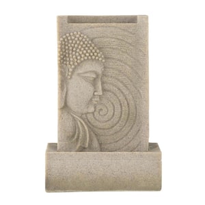 14 in. Polyresin and Natural Beige Buddha Face Tabletop Fountain Indoor Outdoor Zen Water Fountain with LED Light