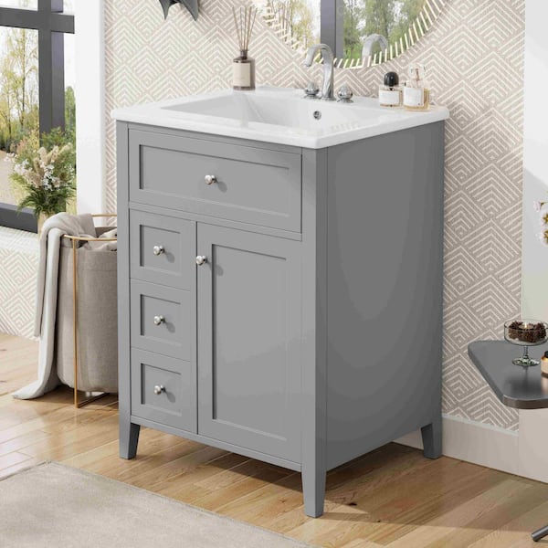 24 in. Gray Bath Vanity with White Ceramic Top with Sink, Adjustable Shelves, 3-Drawers and Cabinet
