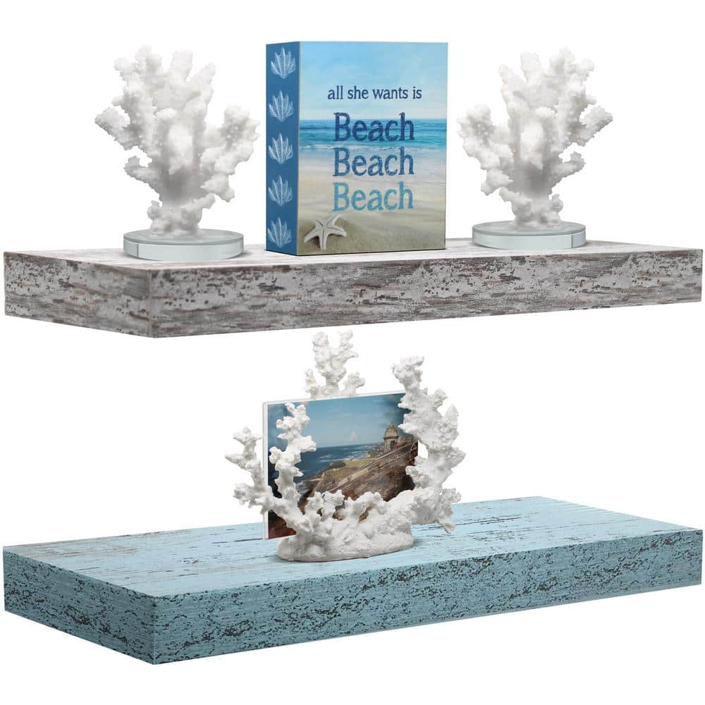 Blue and White Rectangular Floating Wood Shelves Set