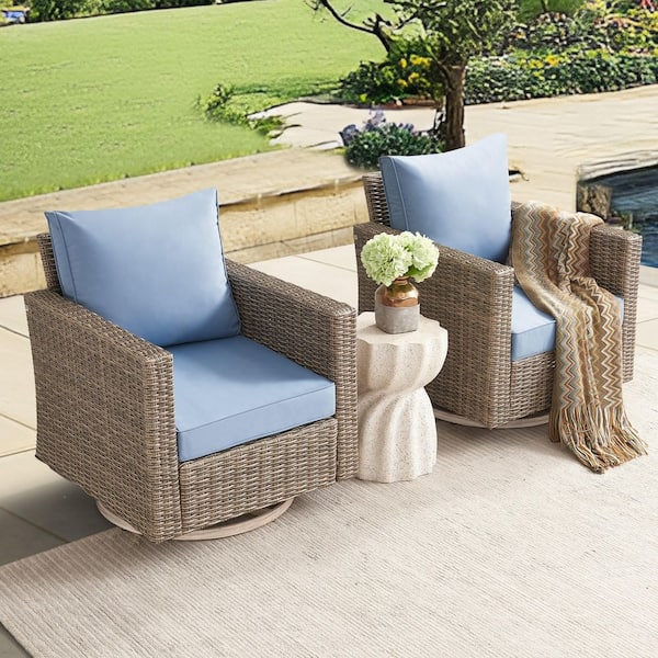 2-Piece Wicker Swivel Outdoor Rocking Chairs with Blue Cushions