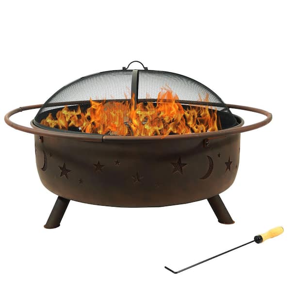 Cosmic 42 in. x 23 in. Large Round Steel Wood Burning Fire Pit with Spark Screen