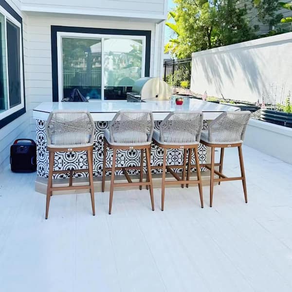 Modern Aluminum Twill Wicker Woven Bar Height Outdoor Bar Stool with Back and Cushion (4-Pack)