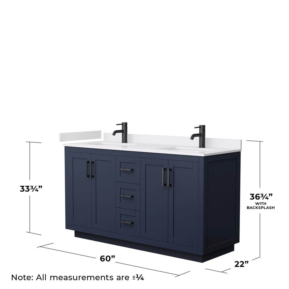 Miranda 60" Dark Blue Double Vanity with White Marble Top and Matte Black Trim