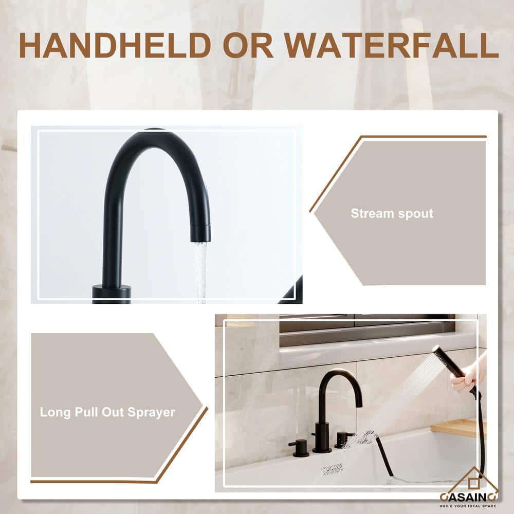 Matte Black Double Handle Deck-Mount Tub Faucet with Hand Shower