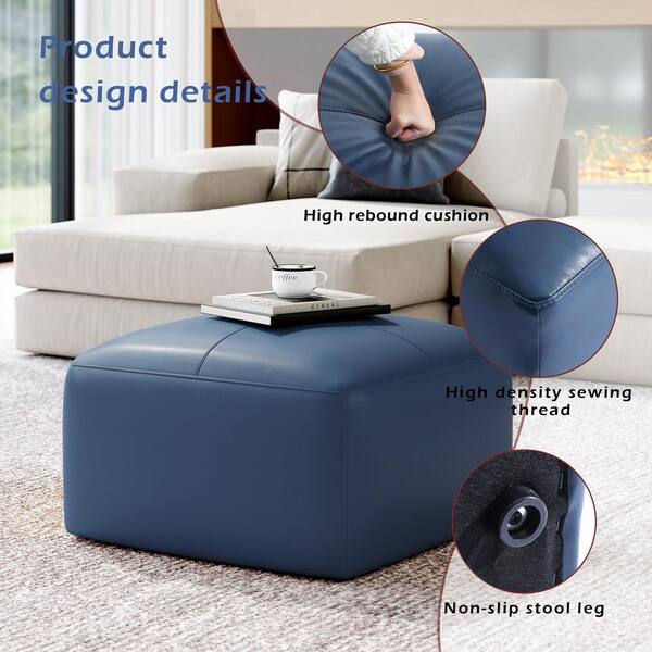 Uixe 22 in. Wide Mid-Century Navy Blue Genuine Leather Square