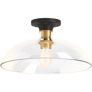 Tone 1 Light Flush Mount with Domed Glass Shade, Black with Brass Trim