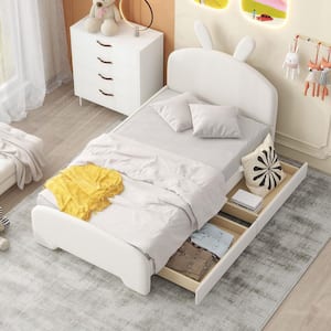 White Wood Twin Size Chenille Upholstered Platform Bed with Cartoon Ears Shaped Headboard, 2-Drawer, One Side Bedrail