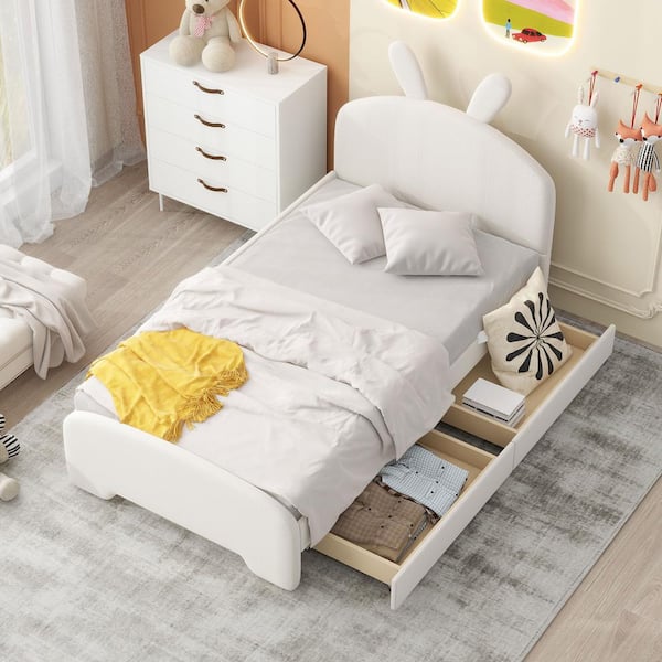 Harper & Bright Designs White Wood Twin Size Chenille Upholstered Platform Bed with Cartoon Ears Shaped Headboard, 2-Drawer, One Side Bedrail
