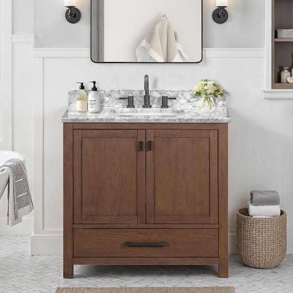 Modero 37 in. Single Sink Mocha Oak Bath Vanity with Carrara White Marble Top