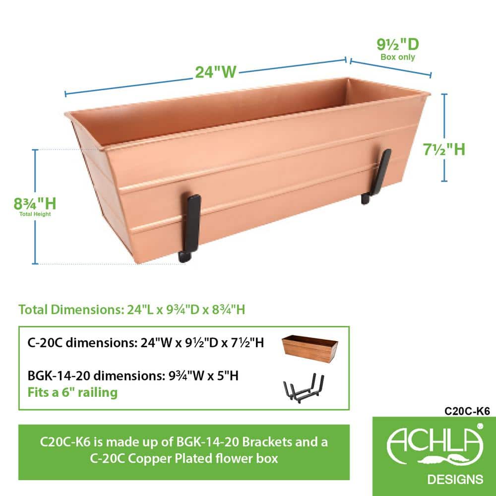 Medium Copper Galvanized Steel Rectangular Box Planter with Brackets