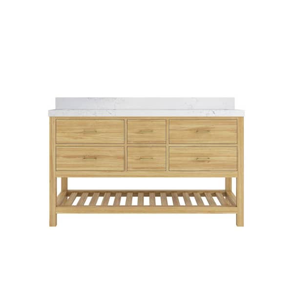 Willow Collections Parker Teak 60 in. Double Sink Freestanding Light Natural Bath Vanity with Empira White Qt. Top Unassembled