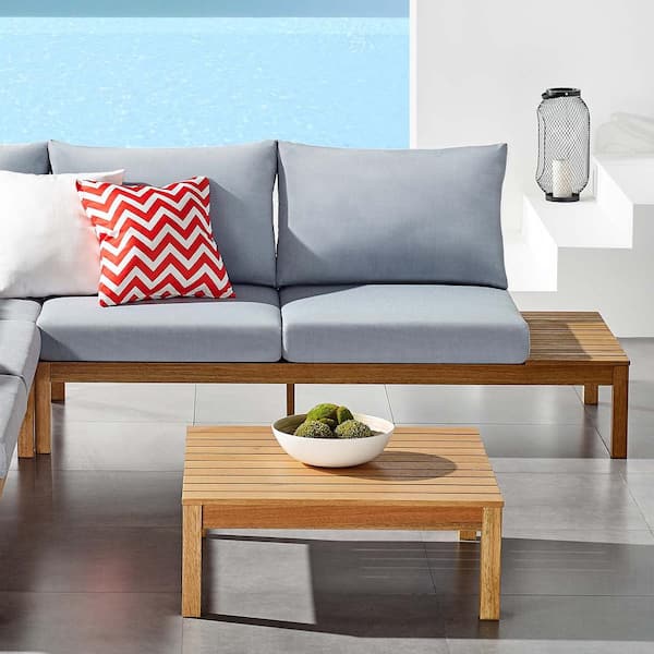 MODWAY Freeport Karri Wood Outdoor Loveseat with Left-Facing Side Table in Natural with Light Blue Cushions