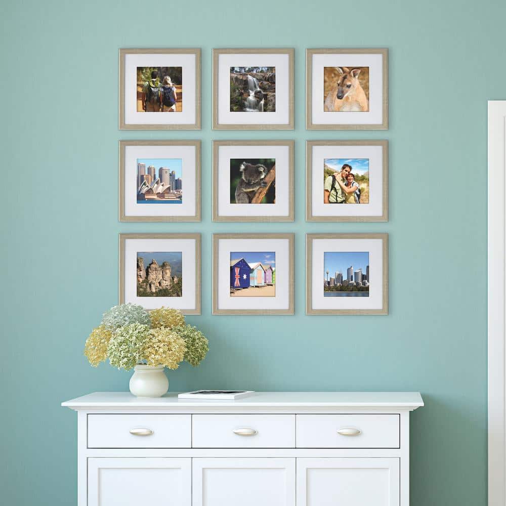 Set of 9 Beige Wood Wall-Mount Photo Frames