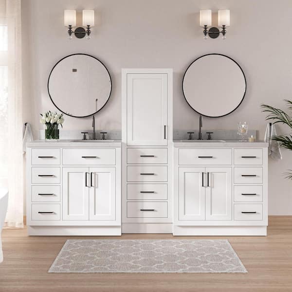 Hepburn 3-Piece 92 in. Wide Double Sink Bath Vanity And Linen Cabinet Set In White With Carrara White Quartz Top