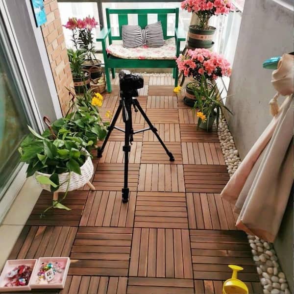 Tunearary 12 in. x 12 in. Striped Pattern Square Wood Interlocking Brown Flooring Tiles for Deck Patio Poolside (10 Tiles)