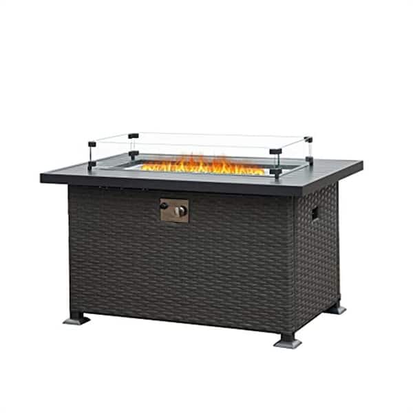 OLUMAT 43.3 in. Wicker Outdoor Fire Pit Table with Aluminum Tabletop, Gas Fire Pits for Patio