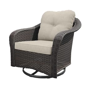 Wicker Patio Outdoor Rocking Chair Swivel Lounge Chair with Biege Cushions