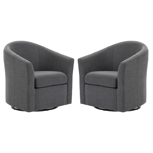 Uixe Gray Linen Upholstered 360° Swivel Accent Barrel Chair with Metal Base(Set of 2)