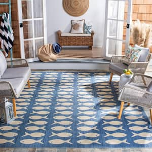 Courtyard Blue/Beige 8 ft. x 10 ft. Geometric Fish Indoor/Outdoor Patio  Area Rug