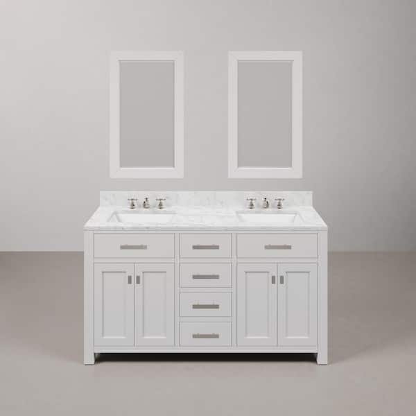 Water Creation Madison 60in.Wx21.5in.Dx34in.H Double Sink Bath Vanity in Pure White with Carrara White Marble Top, Faucets and Mirrors