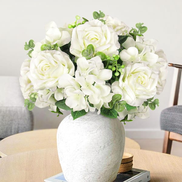 LIVING LUXURY 19 in. Cream White Artificial Elegant Rose Hydrangea Flower Stem Bush Bouquet (Set of 2)