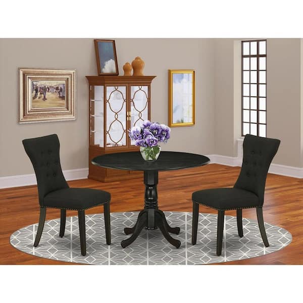 East West Furniture 3-Piece Wirebrushed Black Solid Wood Top - Round Dining Room Set - Seats 4