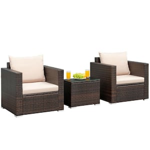 3-Piece Wicker Patio Conversation Set Rattan Furniture Set with Beige Cushions