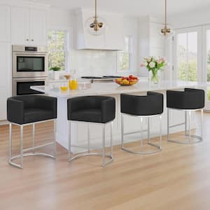 32.5 in. H Black and Silver Bar Stool Low Back Metal Frame Kitchen Counter Chair with Faux Leather Seat (Set of 4)