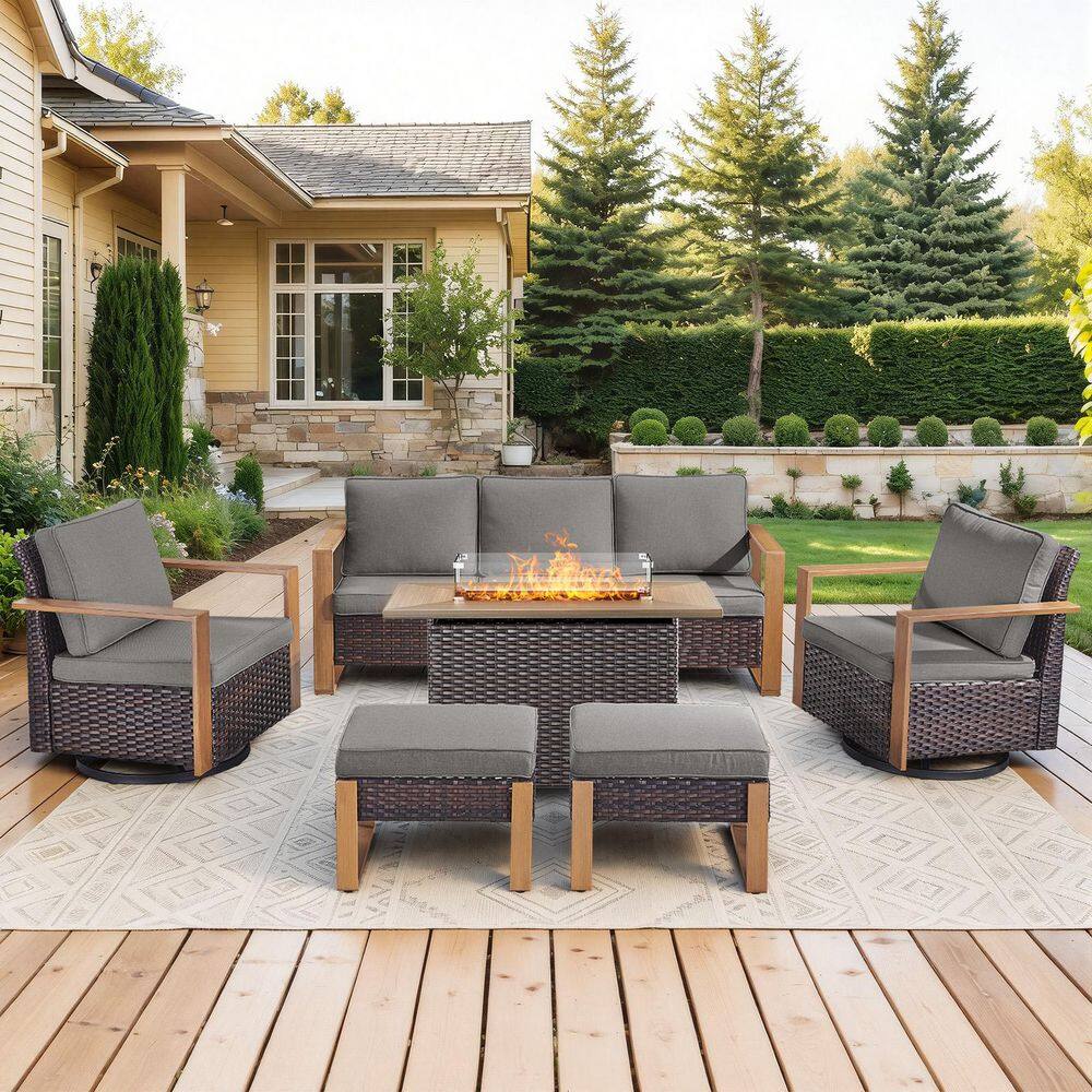 FanKan Brown 6-Piece Wicker Outdoor Glider Chair Patio Deep Seating with Rectangular Fire Table and Gray Cushions price history on PriceWatchPro