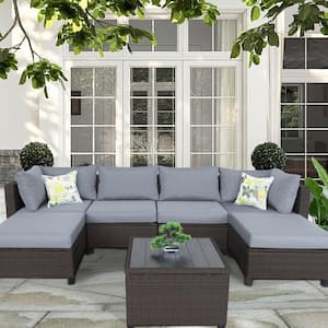 Outdoor Black 7-Piece Wicker Patio Conversation Seating Set with Gray Cushions