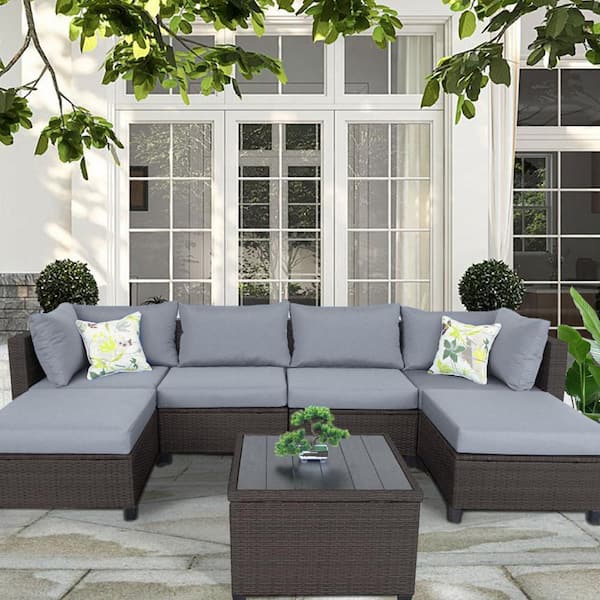 Wateday Outdoor Black 7-Piece Wicker Patio Conversation Seating Set with Gray Cushions