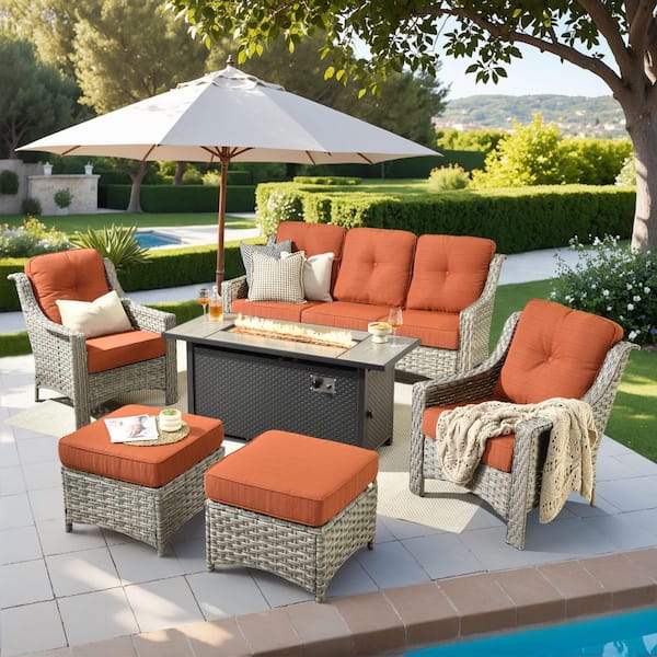 Cavara Gray 5-Piece Wicker Outdoor Patio Conversation Set with Bold-stripe Orange Red Cushions, Fire Pit Table & Ottoman