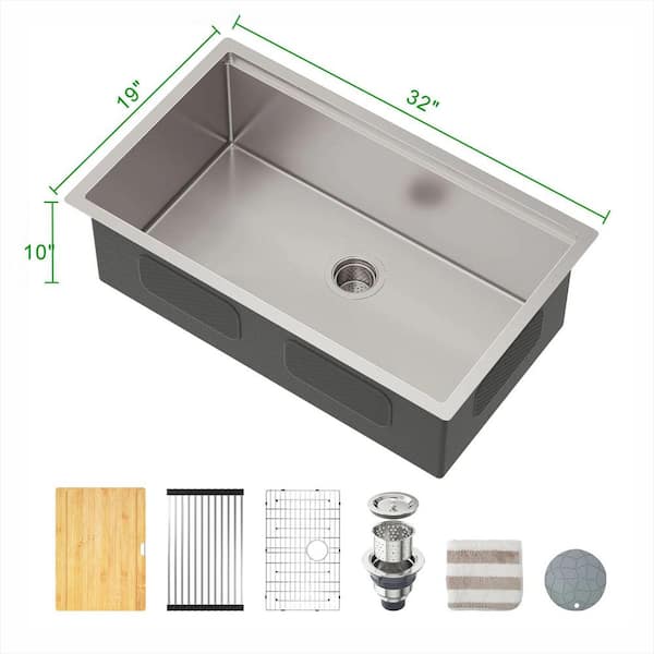 32 x 19 in. Undermount Single Bowl 16-Gauge Brushed Nickel Stainless Steel Kitchen Sink with Bottom Grids and Strainer