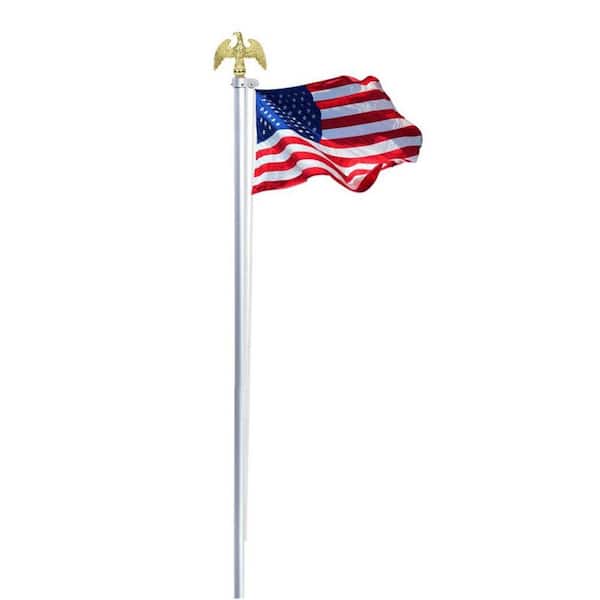 Silver 20 ft. Flagpole in Ground with US Flag, 14 Gauge Aluminum Flagpole Kit with Eagle Topper and Flagpole Collar Base