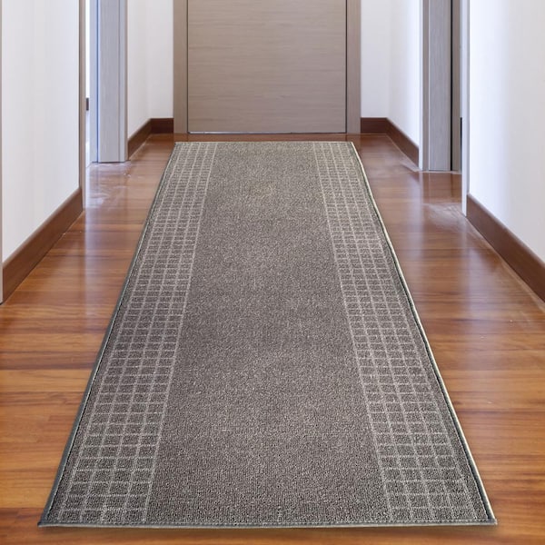 Unbranded Checkered Bordered Gray Color 26 in. Width x Your Choice Length Custom Size Roll Runner Rug/Stair Runner