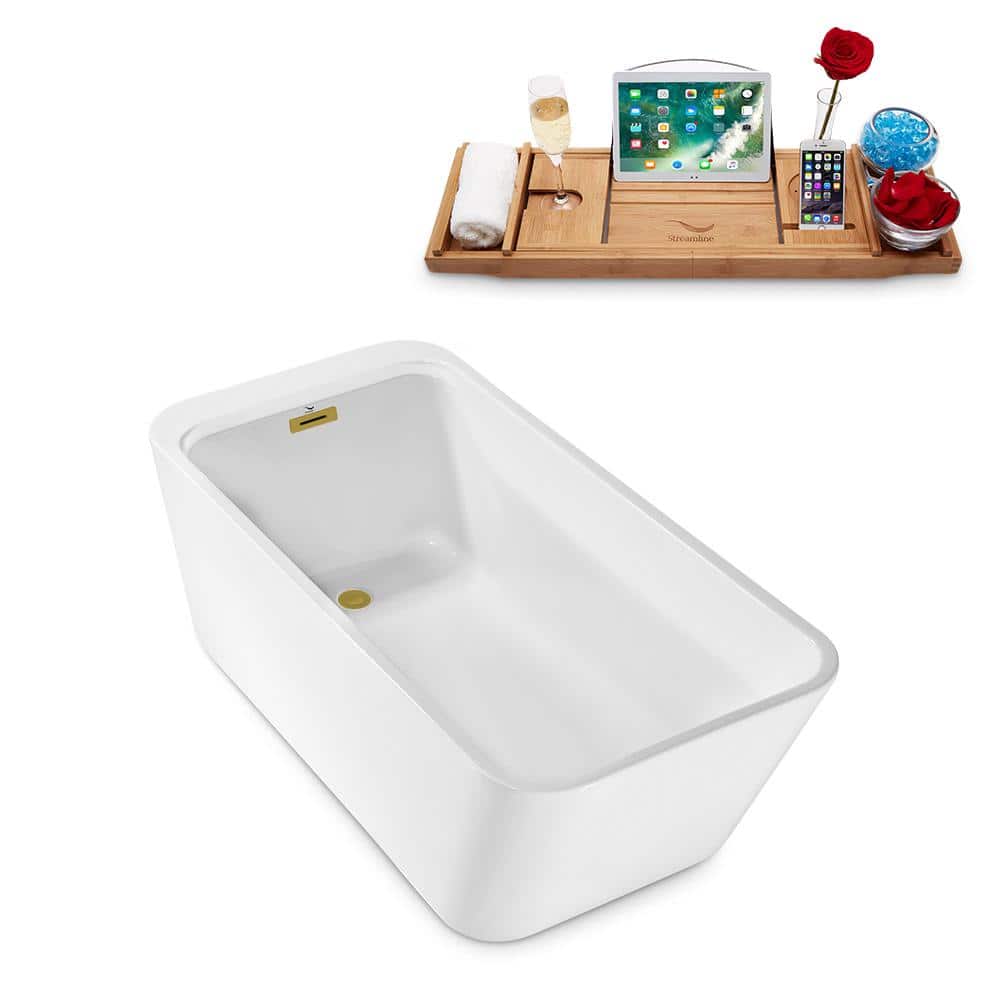 63" Glossy White Acrylic Freestanding Bathtub with Brushed Gold Hardware