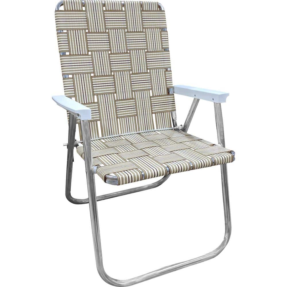 Durable Tan Stripe Aluminum Lightweight Stackable Folding Lawn Chair