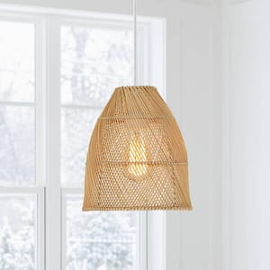 1-Light Eclectic Natural Rattan Bell Island Mini Pendant Light with White Hardware
