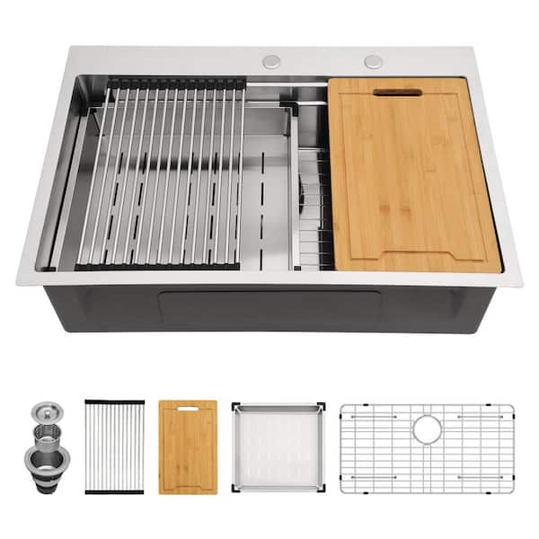 Logmey 33 in. Drop-in Single Bowl 16-Gauge Stainless Steel Workstation Kitchen Sink with Bottom Grids, 2-Tiered Track