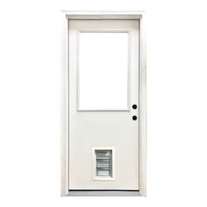 32 in. x 80 in. Reliant Series Clear Half Lite LHIS White Primed Fiberglass Prehung Back Door with Med Pet Door