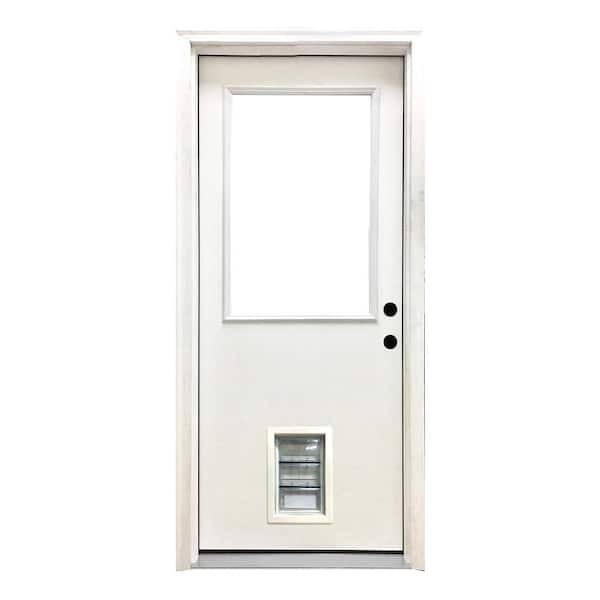 Steves & Sons 32 in. x 80 in. Reliant Series Clear Half Lite LHIS White Primed Fiberglass Prehung Back Door with Med Pet Door