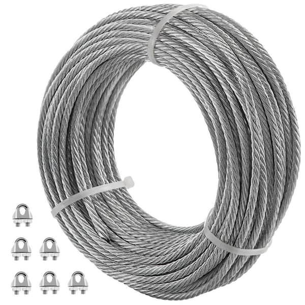 VEVOR 249 ft. x 3/16 in. Stainless Steel Cable 7x19 Construction Aircraft Wire 4400 lbs. Load with Clamp for Railing Decking