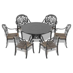 7-Piece Black Metal Outdoor Dining Set with Brown Cushions