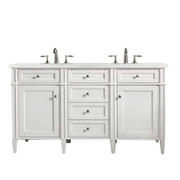 James Martin Vanities Brittany 60.0 in. W x 23.5 in. D x 34 in. H Double Bath Vanity in Bright White with Eternal Jasmine Pearl Quartz Top