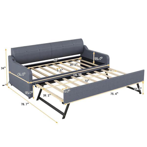 patois gøre ondt hjul URTR Twin Size Daybed with Pop Up Trundle,Upholstery Daybed Sofa Bed with  USB Charging Design for Living Room Guest Room,Gray T-01685-E - The Home  Depot
