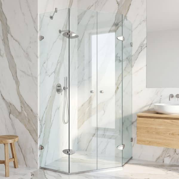 Gemini 46 in. L x 46 in. W x 73 in. H Frameless Pivot Neo-Angle Shower Enclosure in Brushed Nickel with Clear Glass