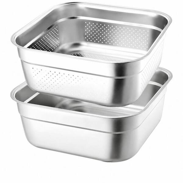 2-in-1 Large Capacity Square Washing Up Bowl, Rustproof Stainless Steel, Stackable Multi-use Colander (Set of 1)