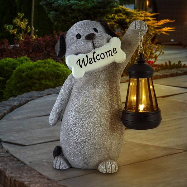 7 in. x 9 in. Gray Resin Solar Dog Garden Statue with Lantern
